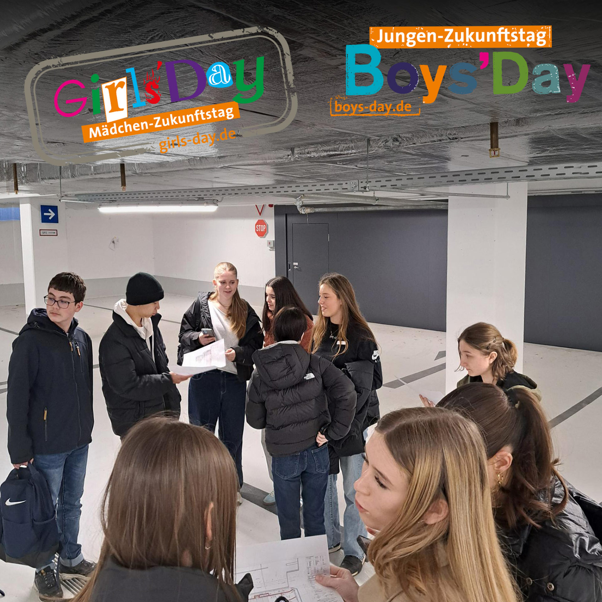 Schülerinnen und Schüler in einer Tiefgarage beim Girlsday und Boysday 2025 bei der DIBAG